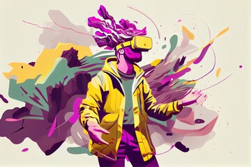Portrait of a young man in yellow jacket with green hair using pink purple virtual reality VR headset. Abstract man wears VR floating in the air sees infographic, interface. Generative AI