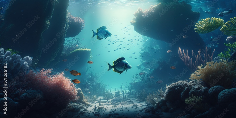 Poster Underwater sea scene of schooling fishes swimming in the wild in clear blue water. Generative AI