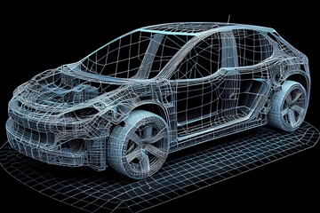 Virtual simulation of future electric car showing wireframe prototype model blueprint in display for factory manufacturing. Sublime image. Generative AI