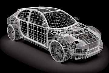 Fototapeta premium Virtual simulation of future electric car showing wireframe prototype model blueprint in display for factory manufacturing. Sublime image. Generative AI