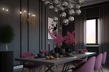 Diningroom in dark gray colors. Taupe withmicrocement walls and black details. Glass balls chandeliers. Minimalistic room with viva magenta, Idea for interior design. AI