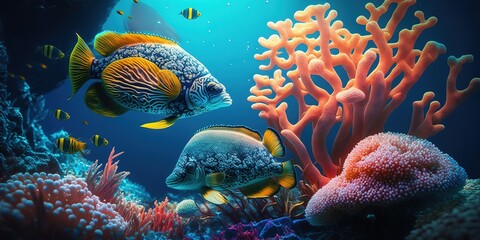 Ocean coral reef underwater. Sea world background with colorful tropical fishes, seaweeds and sea sponge. Generative AI