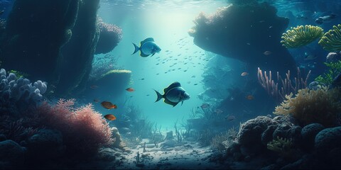 Fototapeta na wymiar Underwater sea scene of schooling fishes swimming in the wild in clear blue water. Generative AI