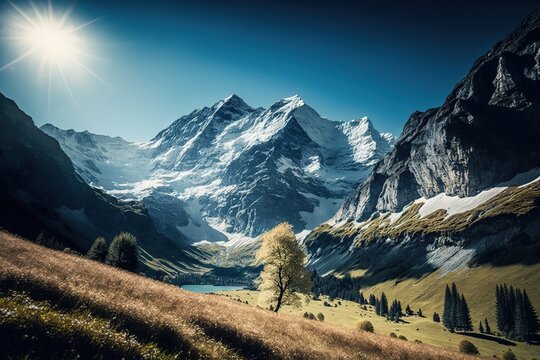 Idyllic autumn landscape in Alps with meadows and snow capped mountain. Swiss national park. Generative AI