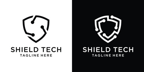 set logo design shield line technology style icon vector illustration