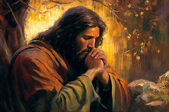 Jesus in prayer in the garden of Gethsemane oil painting. Conceptual Christian art