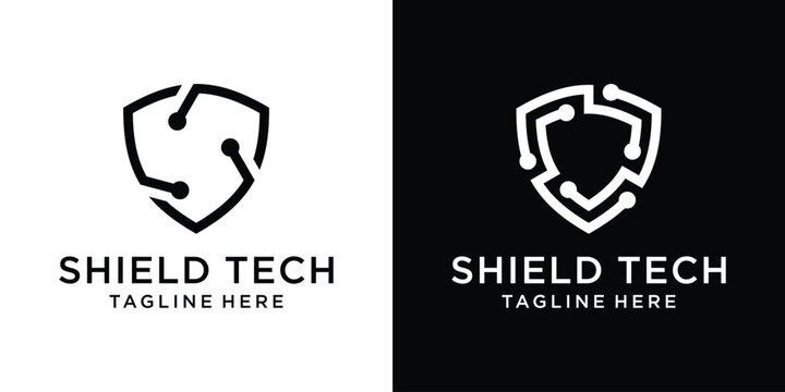 set logo design shield line technology style icon vector illustration