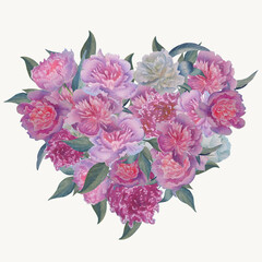 Watercolor illustration flower arrangement in the shape of a heart on Valentine's Day consisting of peonies and leaves.