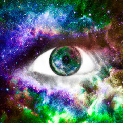 Colorful Human Eye close up with nebula galaxy, abstract cosmic background – Generative AI Illustration