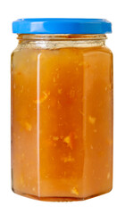 Apricot jam in Glass jar with blue cap