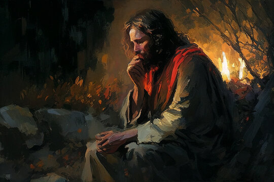 Jesus Christ praying in the garden of Gethsemane before His crucifixion. Oil painting style Christian art