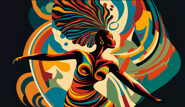Abstract painting concept. Colorful art portrait of a dancing black woman. African culture. Generative AI.