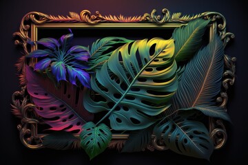 Colorful Tropical Leaves Frame Background Generative AI