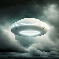 Fototapeta na wymiar Flying white scifi ufo balloon during storm. Ufo balloon. generative ai. Unidentified flying object