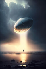 Flying white scifi ufo balloon during storm. Ufo balloon. generative ai. Unidentified flying object