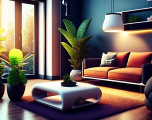 Best Living Room Sofa with Plants Hanging Lamp, Windoes, Interior Design Background AI