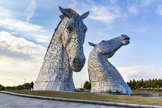 FALKIRK, SCOTLAND 2022, August 13: The Kelpies is a 30 metre high horse head sculptures depicting kelpies, shape shifting water spirits, located between Falkirk and Grangemouth