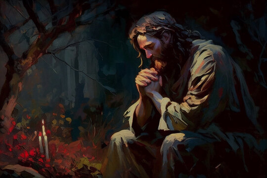 Jesus Christ praying in the garden of Gethsemane before His crucifixion. Oil painting style Christian art
