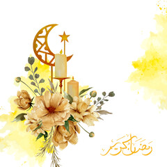 Watercolor Ramadan greeting design illustration, flowers bouquet with candles, golden crescent moon and star ornament for banner, poster and card decoration
