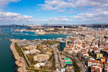 Aerial view from Moda neighborhoods of Kadikoy, a large, populous, and cosmopolitan district in the Asian side of Istanbul, Turkey.