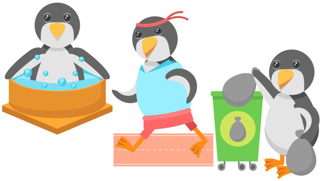 Set Abstract Collection Flat Cartoon Different Animal Penguins Throws Out The Trash, Enjoying In The Jacuzzi, Athlete Running On The Track Vector Design Style Elements Fauna Wildlife