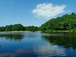 Fototapeta na wymiar river beautiful scenic landscape, forest blue sky, summer vacation