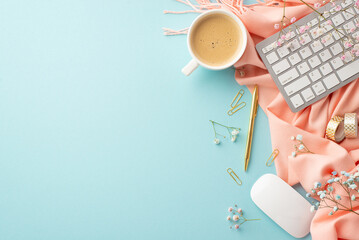 Business concept. Top view photo of keyboard computer mouse cup of fresh coffee golden stationery...