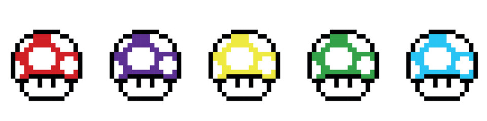 Pixel art 8-bit.Collection of icons related to Mushroom, including icons vector illustrations, Pixel Perfect set.Dotted pop art illustration.Creative Vision Logotype concept.