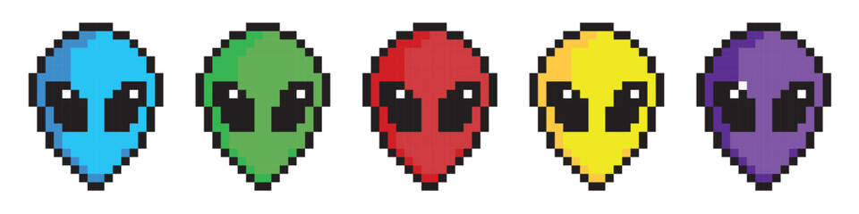 Obraz premium Pixel art 8-bit.Pixel art alien character. 8 bit Pichel alien. vector illustration. UFO Creature. Face.Dotted pop art illustration.Creative Vision Logotype concept.