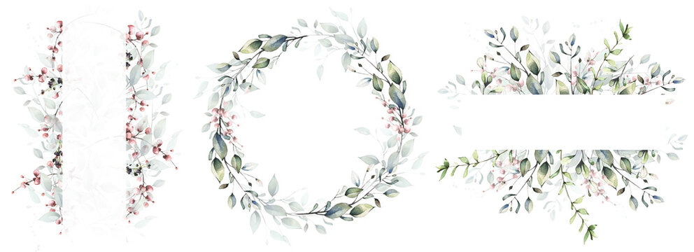 Set of Watercolor painted floral round, rectangular frames. Green and pink branches and leaves. Cut out hand drawn PNG illustration on transparent background. Watercolour isolated clipart drawing.