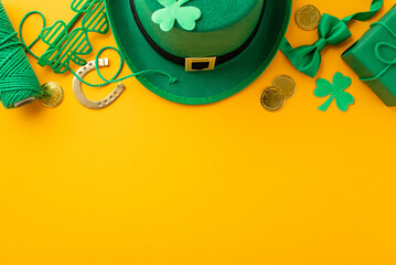 Top view photo of leprechaun hat present box trefoil shaped party glasses spool of twine bow-tie...