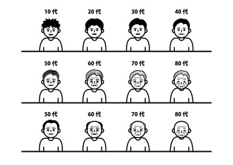 日本人の男性が10歳から80歳に至るまでの線画イラストセット。年齢別で白髪と薄毛の2パターンの老い方。ジェネレーションギャップ素材。