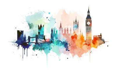 Fotobehang Aquarelschilderij wolkenkrabber  Silhouette London city painted with splashes of watercolor drops landmarks. Generative ai