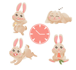 Cartoon rabbits in daily routine. Bunny is sleeping, brushing teeth, walking, playing and eating.
