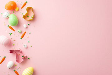 Easter decorations concept. Top view photo of colorful easter eggs chicken bunny shaped baking molds and carrot shaped sprinkles on isolated pastel pink background with copyspace