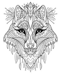 Wolf head adult antistress coloring page vector