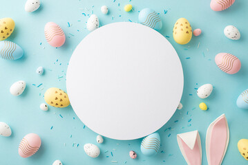 Easter decorations concept. Top view photo of white circle colorful easter eggs bunny ears and...