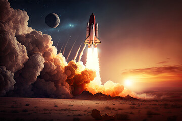 Space shuttle rocket with blast and smoke into space with red planet mars at sunset, Sunset, earth, red, mars, blast, smoke, cloud, astronaut, astronomy, beautiful, challenger, concept, cosmos, dawn, 