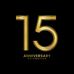 15th Anniversary celebration. Anniversary logo design with golden number and text for birthday celebration event. Logo Vector Template Illustration