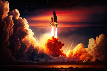 Space shuttle rocket with blast and smoke into space with red planet mars at sunset, Sunset, earth, red, mars, blast, smoke, cloud, astronaut, astronomy, beautiful, challenger, concept, cosmos, dawn, 