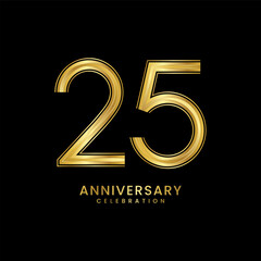 25th Anniversary celebration. Anniversary logo design with golden number and text for birthday celebration event. Logo Vector Template Illustration