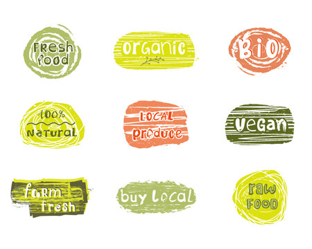 Labels with natural food logo designs. Organic and bio food elements set for local and farm products packaging. Every icon is isolated.