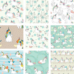 Set of vector seamless pattern with cute unicorns and crystals for fabric, wrapping paper, etc.
