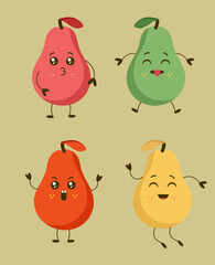 Cute vector set of pears. Collection of pears characters in different expressions. Funny fruit character isolated.