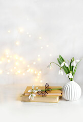 Snowdrop flowers, books and butterfly on table, abstract blurred light background. Blossoming gentle snowdrops, symbol of spring season. Relax time, harmony of nature
