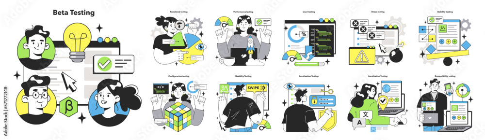 Poster beta testing technique set. software testing methodology. it specialist