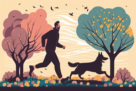 Man and dog silhouette runing on sport clothes. Generative AI