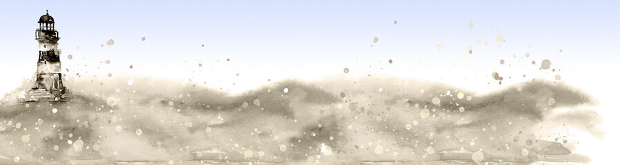 Watercolor illustration of lighthouse. sea landscape. Art illustration, greeting card. Beautiful tower. lighthouse in the ocean with great waves. Hand drawn watercolor illustration. wave, ocean, sea