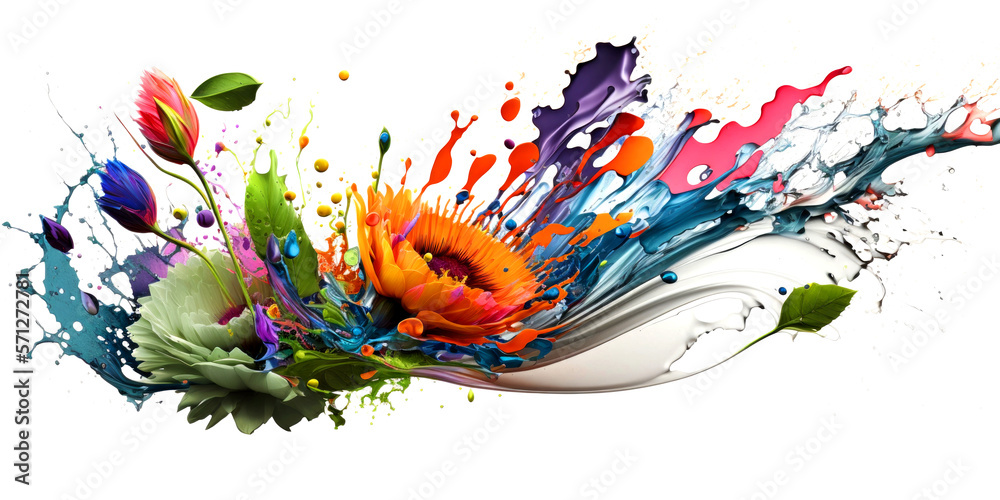 Wall mural Bouquet of flowers in colorful water splashes, on white background. Abstract white background with colored floating liquids and realistic flowers. Generative AI