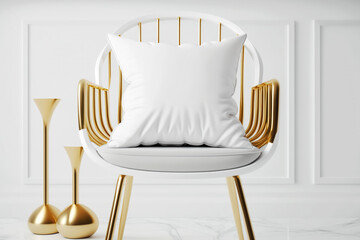 White pillow mockup. Interior design golden accessories. Generative AI
